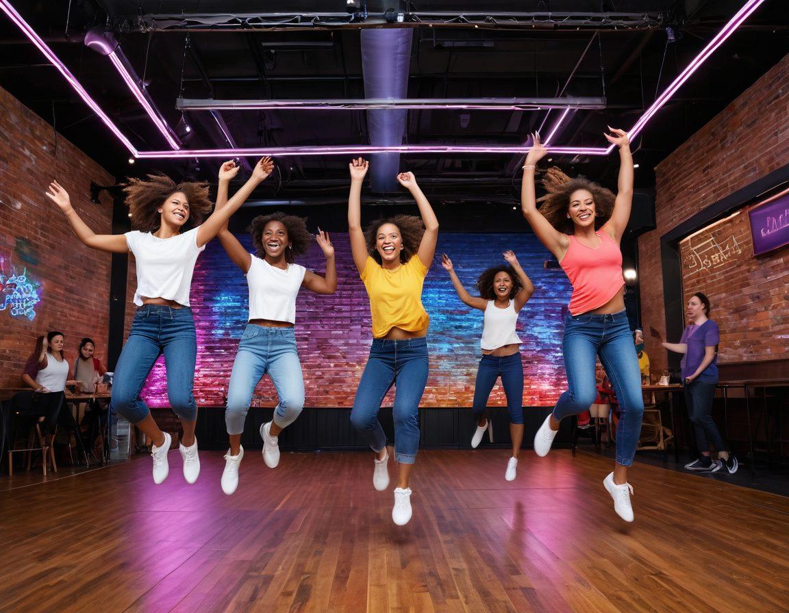A dynamic scene of a diverse group of friends joyfully participating in double dutch jumping, with a dance floor backdrop filled with vibrant lights and energy. Capture the excitement and rhythm of the activity as some friends cheer while others jump, showcasing their coordination and smiles. Include colorful jump ropes swirling in the air, with a city skyline in the background. The atmosphere should convey a sense of adventure and camaraderie. vibrant colors. dynamic composition. energetic style.