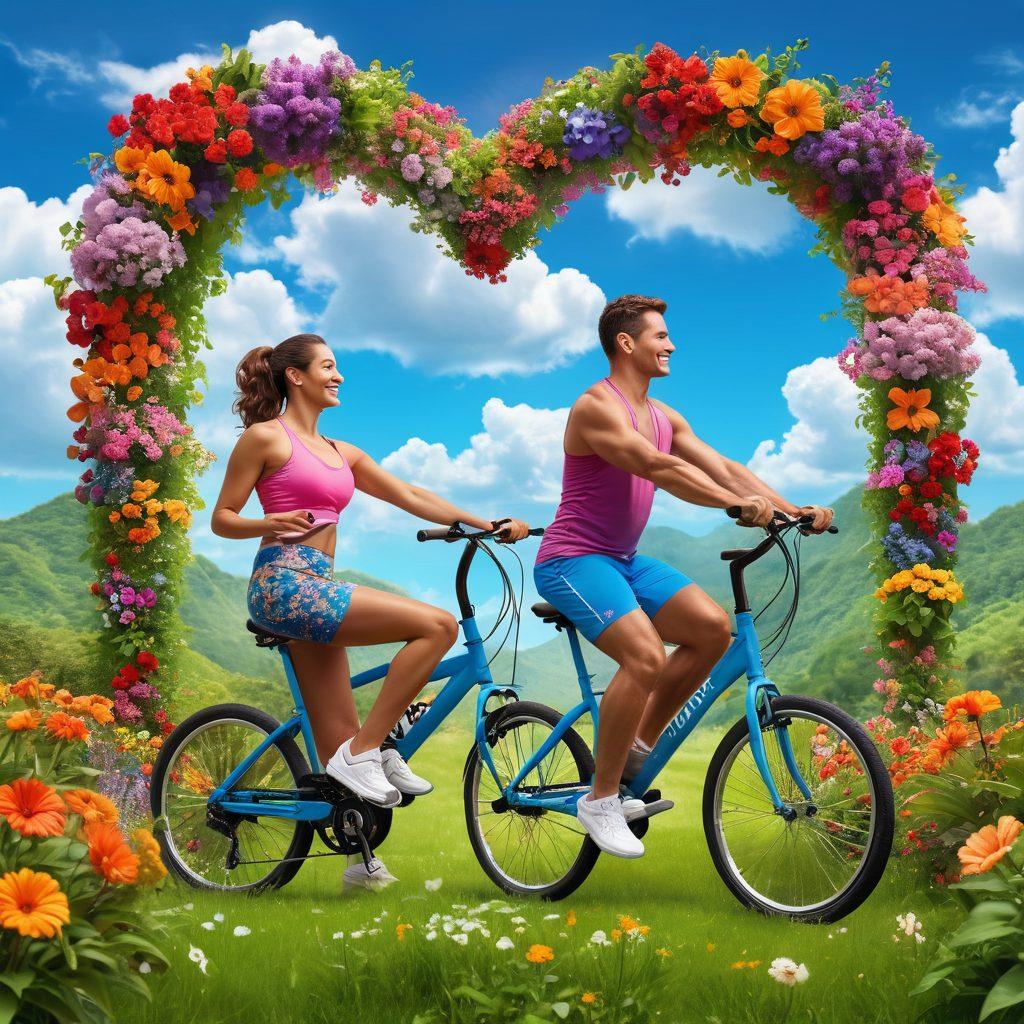 A vibrant outdoor scene showing diverse couples engaging in playful fitness activities, such as tandem cycling and yoga poses, surrounded by lush greenery and blooming flowers. Bright smiles and a sense of connection highlight the love and joy in fitness. Incorporate elements like colorful fitness gear and heart-shaped clouds in the sky. super-realistic. vibrant colors. cheerful atmosphere.
