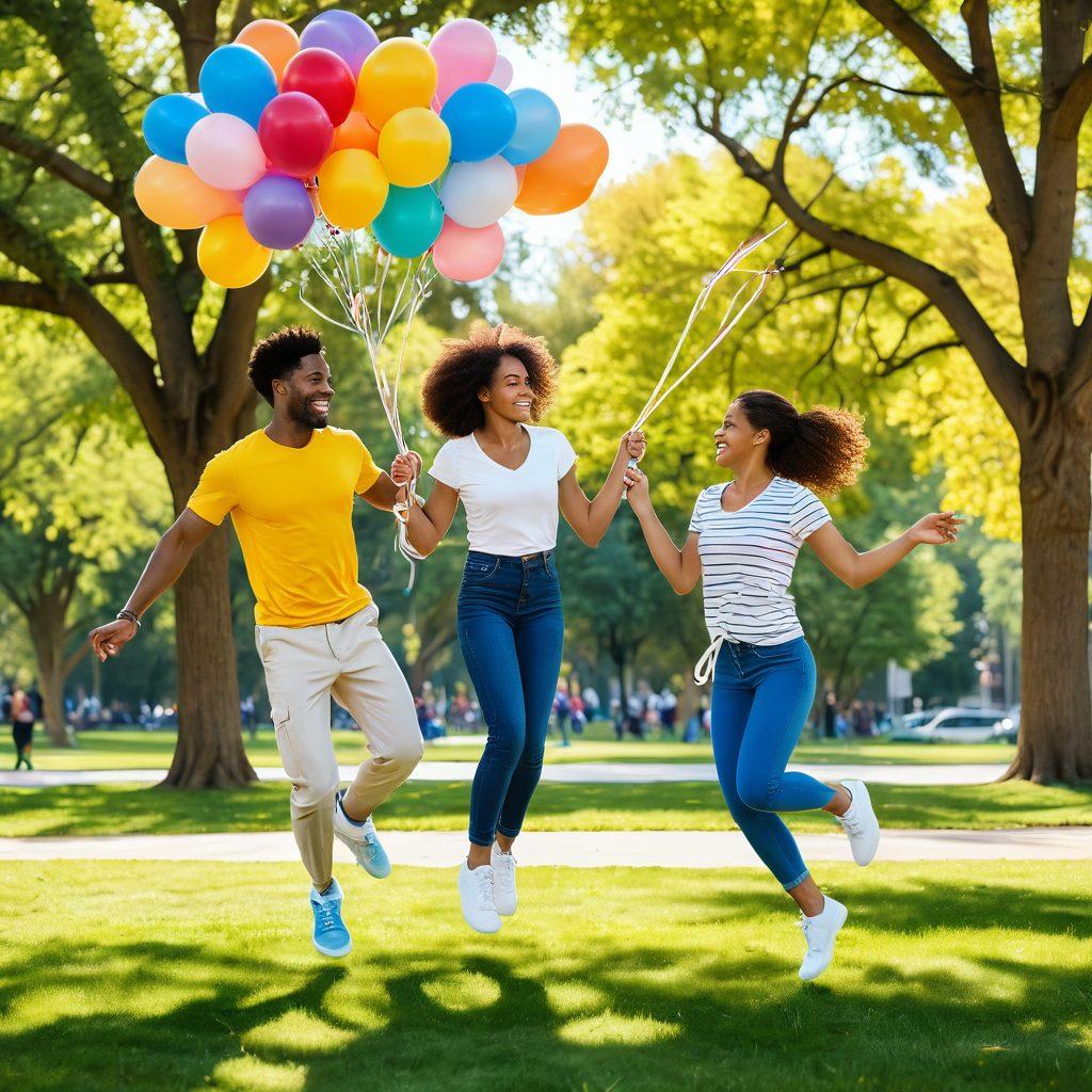 A vibrant scene depicting a couple joyfully jumping double dutch ropes in a park, surrounded by colorful balloons and laughter. Emphasize connection and fitness, showcasing their smiles and energetic movements as they skip rope together. Include a sunlit background with trees and playful pets nearby, highlighting a sense of community and joy. bright colors. super-realistic.